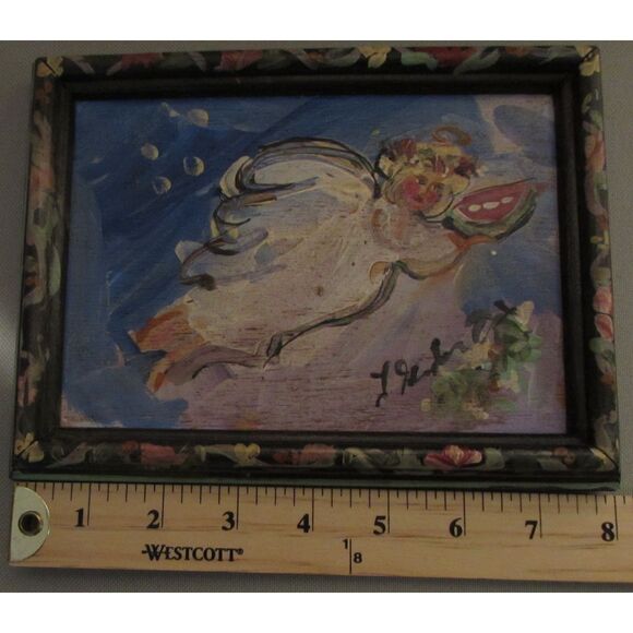 Original winged angel painting on wood framed signed by artist gallery wall art - Picture 8 of 9